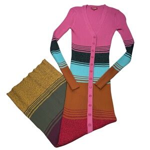 STAUD Multicolor Ribbed Button-Front Midi Dress in Pink, Turquoise, Rust